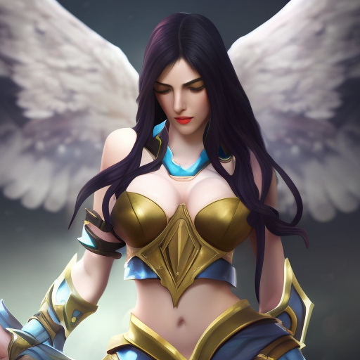 Alluring matte portrait of Sivir from League of Legends with wings, 8k, Highly Detailed, Artstation, Photo Realistic, Sharp Focus, Volumetric Lighting, Concept Art, Fantasy by Alphonse Mucha
