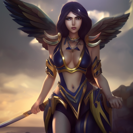 Alluring matte portrait of Sivir from League of Legends with wings, 8k, Highly Detailed, Artstation, Photo Realistic, Sharp Focus, Volumetric Lighting, Concept Art, Fantasy by Alphonse Mucha, WLOP