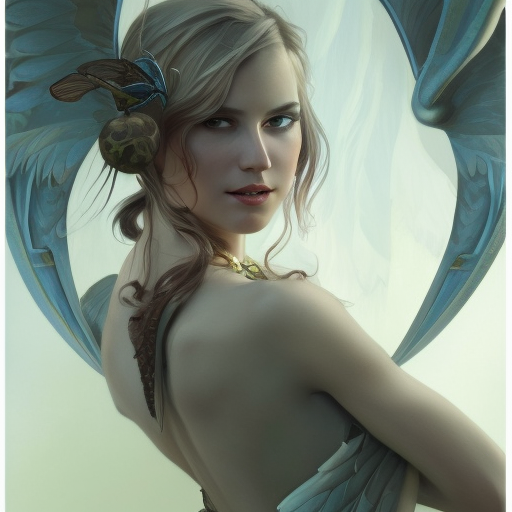 Alluring matte portrait of a beautiful Quinn with wings, 8k, Highly Detailed, Intricate, Half Body, Realistic, Sharp Focus, Volumetric Lighting, Fantasy, Elegant by Stanley Artgerm Lau, Alphonse Mucha, WLOP