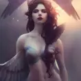 Alluring matte portrait of a beautiful Quinn with wings, 8k, Highly Detailed, Intricate, Half Body, Realistic, Sharp Focus, Volumetric Lighting, Fantasy, Elegant by Stanley Artgerm Lau, Alphonse Mucha, WLOP