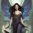 Alluring matte portrait of a beautiful Morgana with wings wearing feathers, 8k, Highly Detailed, Intricate, Half Body, Realistic, Sharp Focus, Volumetric Lighting, Fantasy, Elegant by Stanley Artgerm Lau, Alphonse Mucha, WLOP