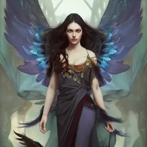 Alluring matte portrait of a beautiful Morgana with wings wearing feathers, 8k, Highly Detailed, Intricate, Half Body, Realistic, Sharp Focus, Volumetric Lighting, Fantasy, Elegant by Stanley Artgerm Lau, Alphonse Mucha, WLOP