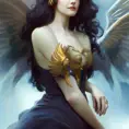 Alluring matte portrait of a beautiful Morgana with wings, 8k, Highly Detailed, Intricate, Half Body, Realistic, Sharp Focus, Volumetric Lighting, Fantasy, Elegant by Stanley Artgerm Lau, Alphonse Mucha, WLOP