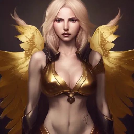 Alluring matte portrait of a beautiful Kayle from League of Legends, 8k, Highly Detailed, Intricate, Half Body, Realistic, Sharp Focus, Volumetric Lighting, Fantasy by Stanley Artgerm Lau, Alphonse Mucha, WLOP