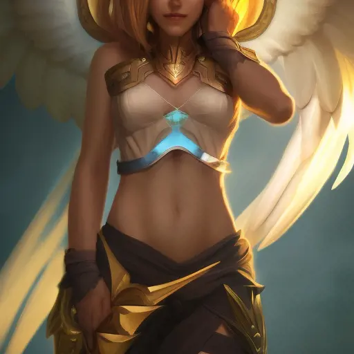 Alluring matte portrait of a beautiful Kayle from League of Legends, Highly Detailed, Half Body, Photo Realistic, Sharp Focus, Volumetric Lighting, Fantasy by Stanley Artgerm Lau, Alphonse Mucha, WLOP