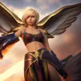 Alluring portrait of a beautiful winged Kayle from League of Legends, 8k, Highly Detailed, Half Body, Photo Realistic, Sharp Focus, Octane Render, Unreal Engine, Volumetric Lighting, Fantasy