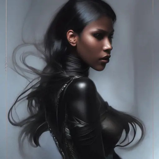 Alluring matte portrait of a beautiful Rell wearing black leather, 8k, Highly Detailed, Intricate, Half Body, Realistic, Sharp Focus, Volumetric Lighting, Fantasy, Elegant by Stanley Artgerm Lau, Alphonse Mucha, WLOP