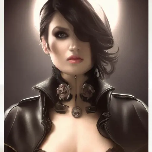 Alluring matte portrait of a beautiful Elise from League of Legeneds wearing black leather, 8k, Highly Detailed, Intricate, Half Body, Realistic, Sharp Focus, Volumetric Lighting, Fantasy, Elegant by Stanley Artgerm Lau, Alphonse Mucha, WLOP