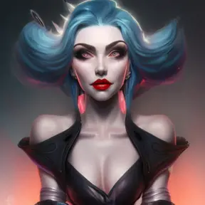 Alluring matte portrait of a beautiful Jinx from League of Legeneds wearing black leather, 8k, Highly Detailed, Intricate, Half Body, Realistic, Sharp Focus, Volumetric Lighting, Fantasy, Elegant by Stanley Artgerm Lau, Alphonse Mucha, WLOP