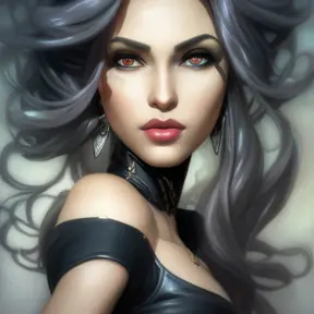 Alluring matte portrait of a beautiful Qiyana from League of Legeneds wearing black leather, 8k, Highly Detailed, Intricate, Half Body, Realistic, Sharp Focus, Volumetric Lighting, Fantasy, Elegant by Stanley Artgerm Lau, Alphonse Mucha, WLOP