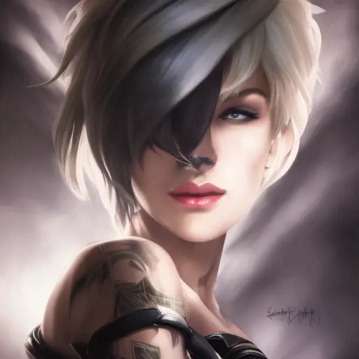 Alluring matte portrait of a beautiful Riven from League of Legeneds wearing black leather, 8k, Highly Detailed, Intricate, Half Body, Realistic, Sharp Focus, Volumetric Lighting, Fantasy, Elegant by Stanley Artgerm Lau, Alphonse Mucha, WLOP