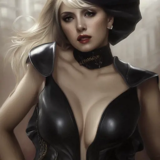 Alluring matte portrait of a beautiful Seraphine from League of Legeneds wearing black leather, 8k, Highly Detailed, Intricate, Half Body, Realistic, Sharp Focus, Volumetric Lighting, Fantasy, Elegant by Stanley Artgerm Lau, Alphonse Mucha, WLOP