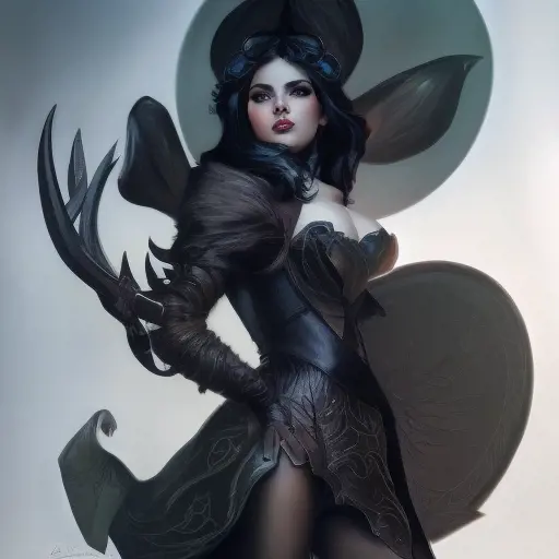 Alluring matte portrait of a beautiful Vex from League of Legeneds wearing black leather, 8k, Highly Detailed, Intricate, Half Body, Realistic, Sharp Focus, Volumetric Lighting, Fantasy, Elegant by Stanley Artgerm Lau, Alphonse Mucha, WLOP