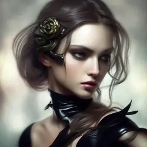 Alluring matte portrait of a beautiful Cassiopeia wearing black leather, 8k, Highly Detailed, Intricate, Half Body, Realistic, Sharp Focus, Volumetric Lighting, Fantasy, Elegant by Stanley Artgerm Lau, Alphonse Mucha, WLOP