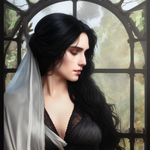 Alluring matte portrait of a beautiful veiled Yennefer in black with long straight black hair, 8k, Highly Detailed, Intricate, Half Body, Realistic, Sharp Focus, Volumetric Lighting, Fantasy, Elegant by Stanley Artgerm Lau, Alphonse Mucha, WLOP