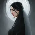 Alluring matte portrait of a beautiful veiled Yennefer in black with long straight hair, 8k, Highly Detailed, Intricate, Half Body, Realistic, Sharp Focus, Volumetric Lighting, Fantasy, Elegant by Stanley Artgerm Lau, Alphonse Mucha, WLOP