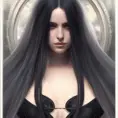 Alluring matte portrait of a beautiful veiled Morgana in black with long straight hair, 8k, Highly Detailed, Intricate, Half Body, Realistic, Sharp Focus, Volumetric Lighting, Fantasy, Elegant by Stanley Artgerm Lau, Alphonse Mucha, WLOP