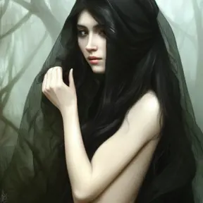 Alluring matte portrait of a beautiful veiled Morgana wearing a black veil with long straight hair, 8k, Highly Detailed, Intricate, Half Body, Realistic, Sharp Focus, Volumetric Lighting, Fantasy, Elegant by Stanley Artgerm Lau, Alphonse Mucha, WLOP