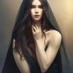 Alluring matte portrait of a beautiful veiled Morgana wearing a black veil with long straight hair, 8k, Highly Detailed, Intricate, Half Body, Realistic, Sharp Focus, Volumetric Lighting, Fantasy, Elegant by Stanley Artgerm Lau, Alphonse Mucha, WLOP
