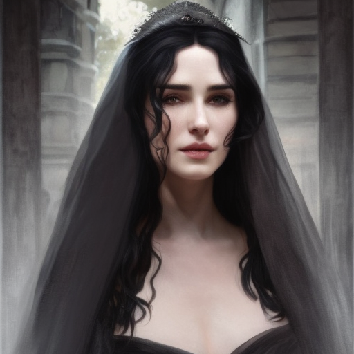 Alluring matte portrait of a beautiful veiled Yennefer wearing a black veil with long straight hair, 8k, Highly Detailed, Intricate, Half Body, Realistic, Sharp Focus, Volumetric Lighting, Fantasy, Elegant by Stanley Artgerm Lau, Alphonse Mucha, WLOP