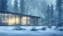 Beautiful futuristic architectural glass house in the forest in winter, 8k, Award-Winning, Highly Detailed, Beautiful, Epic, Octane Render, Unreal Engine, Radiant, Volumetric Lighting by Greg Rutkowski