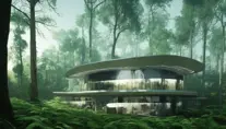 Beautiful futuristic architectural glass house in the forest, 8k, Award-Winning, Highly Detailed, Beautiful, Epic, Octane Render, Unreal Engine, Radiant, Volumetric Lighting by Greg Rutkowski