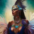 A visionary painting of a single alluring electronic mystical tribal goddess surrounded by feathers and gemstones, 8k, Highly Detailed, Intricate, Artstation, Matte Painting, Sharp Focus, Volumetric Lighting, Concept Art by Stanley Artgerm Lau, Greg Rutkowski