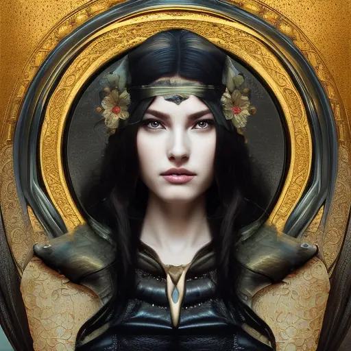 Alluring matte portrait of the beautiful Athena in black leather, 8k, Highly Detailed, Intricate, Realistic, Sharp Focus, Volumetric Lighting, Fantasy, Elegant by Stanley Artgerm Lau, Alphonse Mucha, WLOP