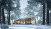Beautiful futuristic architectural glass house in the forest in winter, 8k, Award-Winning, Highly Detailed, Beautiful, Epic, Octane Render, Unreal Engine, Radiant, Volumetric Lighting by Greg Rutkowski
