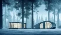 Beautiful futuristic architectural glass house in the forest in winter by a large lake, 8k, Award-Winning, Highly Detailed, Beautiful, Epic, Octane Render, Unreal Engine, Radiant, Volumetric Lighting by Greg Rutkowski