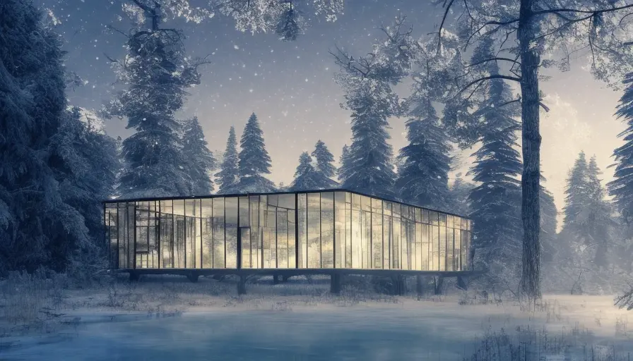 Beautiful futuristic architectural glass house in the forest in winter by a large lake, 8k, Award-Winning, Highly Detailed, Beautiful, Epic, Octane Render, Unreal Engine, Radiant, Volumetric Lighting by Greg Rutkowski