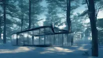 Beautiful futuristic architectural glass house in the forest by a large frozen lake, 8k, Award-Winning, Highly Detailed, Beautiful, Epic, Octane Render, Unreal Engine, Radiant, Volumetric Lighting by Greg Rutkowski