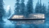 Beautiful futuristic architectural bright lit glass house boat in the forest on a giant frozen lake, 8k, Award-Winning, Highly Detailed, Beautiful, Epic, Octane Render, Unreal Engine, Radiant, Volumetric Lighting by Greg Rutkowski