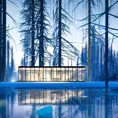 Beautiful futuristic architectural bright lit glass house in the forest on a giant frozen lake, 8k, Award-Winning, Highly Detailed, Beautiful, Epic, Octane Render, Unreal Engine, Radiant, Volumetric Lighting by Greg Rutkowski