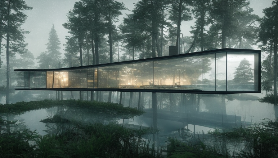 Beautiful futuristic architectural glass house in the forest on a large lake, 8k, Award-Winning, Highly Detailed, Beautiful, Epic, Octane Render, Unreal Engine, Radiant, Volumetric Lighting by Greg Rutkowski
