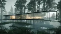 Beautiful futuristic architectural glass house in the forest on a large lake, 8k, Award-Winning, Highly Detailed, Beautiful, Epic, Octane Render, Unreal Engine, Radiant, Volumetric Lighting by Greg Rutkowski