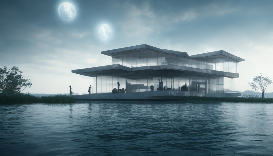 Beautiful futuristic architectural glass house on a large lake, 8k, Award-Winning, Highly Detailed, Beautiful, Epic, Octane Render, Unreal Engine, Radiant, Volumetric Lighting by Greg Rutkowski