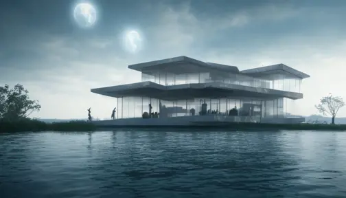 Beautiful futuristic architectural glass house on a large lake, 8k, Award-Winning, Highly Detailed, Beautiful, Epic, Octane Render, Unreal Engine, Radiant, Volumetric Lighting by Greg Rutkowski