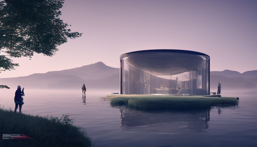 Beautiful giant futuristic architectural glass house on a lake, 8k, Award-Winning, Highly Detailed, Beautiful, Epic, Octane Render, Unreal Engine, Radiant, Volumetric Lighting by Greg Rutkowski