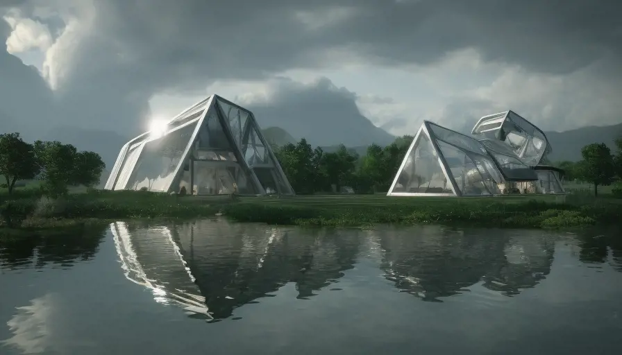 Beautiful giant futuristic architectural glass house on a lake, 8k, Award-Winning, Highly Detailed, Beautiful, Epic, Octane Render, Unreal Engine, Radiant, Volumetric Lighting by Greg Rutkowski