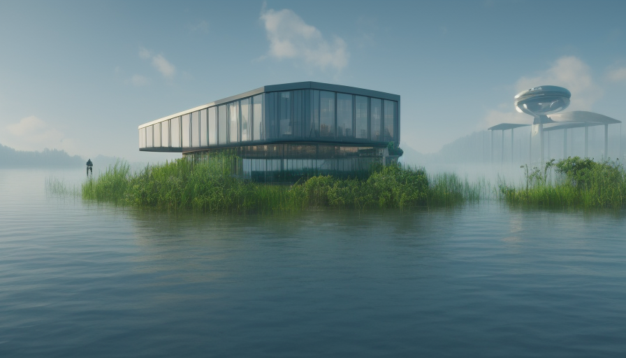 Beautiful giant futuristic bright architectural glass house on a lake, 8k, Award-Winning, Highly Detailed, Beautiful, Epic, Octane Render, Unreal Engine, Radiant, Volumetric Lighting by Greg Rutkowski