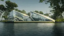 Beautiful giant futuristic bright architectural glass house on a lake, 8k, Award-Winning, Highly Detailed, Beautiful, Epic, Octane Render, Unreal Engine, Radiant, Volumetric Lighting by Greg Rutkowski