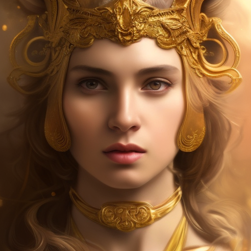Beautiful matte portrait of Athena in gold, 8k, Highly Detailed, Intricate, Alluring, Half Body, Realistic, Sharp Focus, Volumetric Lighting, Fantasy, Elegant by Stanley Artgerm Lau, Alphonse Mucha, WLOP