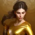 Beautiful matte portrait of Kassandra in gold, 8k, Highly Detailed, Intricate, Alluring, Half Body, Realistic, Sharp Focus, Volumetric Lighting, Fantasy, Elegant by Stanley Artgerm Lau, Alphonse Mucha, WLOP