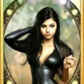 Alluring matte portrait of the beautiful goddess Selena in black leather in the style of Stefan Kostic, 8k, Highly Detailed, Intricate, Realistic, Sharp Focus, Volumetric Lighting, Fantasy, Elegant by Stanley Artgerm Lau, Alphonse Mucha, WLOP