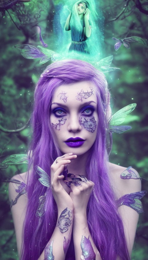 Fairy Wizard in a forest, 4k, Eldritch, Glass, Hallucinogenic, Hyper Detailed, Full Body, Cosmic Nebulae, Ethereal, Glowwave, Full Lips, Pretty Face, Purple Hair, Tattoos, Wings, Digital Illustration, Overgrown, D&D, DnD, Elden Ring, LOTR, Bloom light effect, Cinematic Lighting, Realistic, Sharp Focus, Deviantart, Octane Render, Centered, Beautifully Lit, Bioluminescent, Radiant, Contrasting Colors, Prismatic, Vibrant Colors, Hideous by Greg Rutkowski