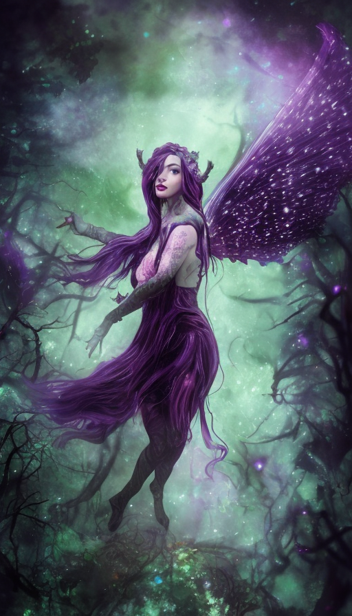 1Fairy Wizard in a forest, 4k, Eldritch, Glass, Hallucinogenic, Hyper Detailed, Full Body, Cosmic Nebulae, Ethereal, Glowwave, Full Lips, Pretty Face, Purple Hair, Tattoos, Wings, Digital Illustration, Overgrown, D&D, DnD, Elden Ring, LOTR, Bloom light effect, Cinematic Lighting, Realistic, Sharp Focus, Deviantart, Octane Render, Centered, Beautifully Lit, Bioluminescent, Radiant, Contrasting Colors, Prismatic, Vibrant Colors, Hideous by Greg Rutkowski