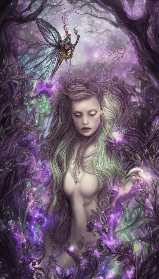1Fairy Wizard in a forest, 4k, Eldritch, Glass, Hallucinogenic, Highly Detailed, HQ, Hyper Detailed, Intricate Details, Masterpiece, Ultra Detailed, Full Body, Cosmic Nebulae, Ethereal, Glowwave, Full Lips, Pretty Face, Purple Hair, Tattoos, Wings, Digital Illustration, Overgrown, D&D, DnD, Elden Ring, LOTR, Bloom light effect, Cinematic Lighting, Realistic, Sharp Focus, Deviantart, Centered, Beautifully Lit, Bioluminescent, Radiant, Contrasting Colors, Prismatic, Vibrant Colors, Hideous by Greg Rutkowski