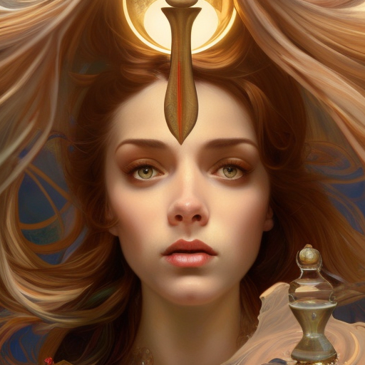 close up read haired woman holding an hourglass, 4k, Highly Detailed, Hyper Detailed, Powerful, Horror, Digital Painting, Tarot Card, Sharp Focus, Smooth by Stanley Artgerm Lau, Alphonse Mucha, Greg Rutkowski
