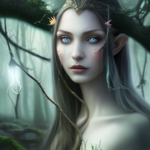 Alluring matte portrait of a beautiful half elf in a magical forest, 4k, Highly Detailed, Masterpiece, Pretty Face, Digital Illustration, Cinematic Lighting, Realistic, Sharp Focus, Centered, Beautifully Lit, Bioluminescent by Stanley Artgerm Lau, Greg Rutkowski, Stefan Kostic
